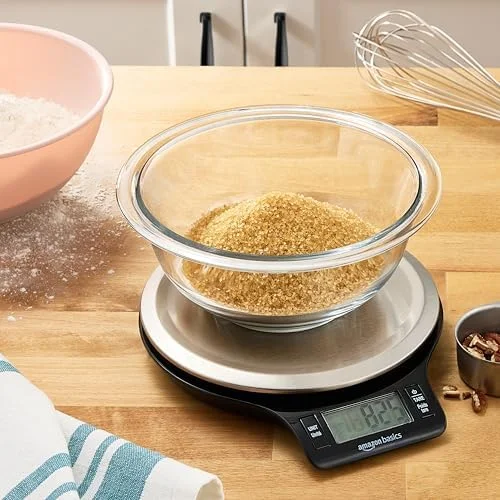 Amazon Basics Digital Kitchen Scale with LCD Display - Tare Function, Multiple Units, Weighs up to 11 Pounds, Batteries Included, Black and Stainless