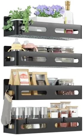Sevenblue 4 Pack Strong Magnetic Spice Rack for Refrigerator - Multipurpose Magnetic Shelf for Fridge with 4 Hooks for Kitchen and Bathroom