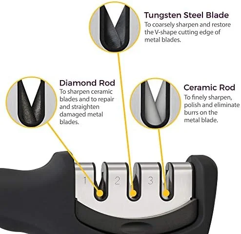 4-in-1 Kitchen Knife Accessories: 3-Stage Knife Sharpener Helps Repair - Restore, Polish Blades and Cut-Resistant Glove (Black)
