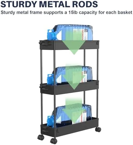 SPACELEAD 3 Tier Rolling Cart with Wheels, Storage Craft Art Trolley Organizer Serving, 3 Hanging Baskets Easy Assembly, for Office, Bathroom，Living