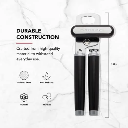 KitchenAid Classic Multifunction Can Opener and Bottle Opener Easy to Use - Razor Sharp Stainless Steel Cutting Wheel, Soft Ergonomic Handles, Black
