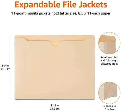 Amazon Basics Reinforced File Jackets - Letter Size, Straight-Cut Tab, 2 Inch Expansion, Manila, 50-Pack