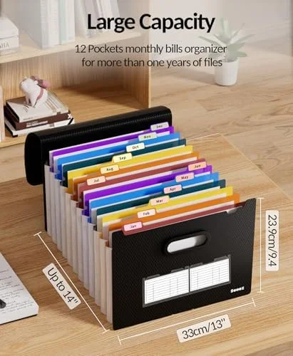 Sooez Upgraded Accordion File Organizer - Expanding File Folder with Deeper 12 Pockets - Never Cover Up Index Tabs, Monthly Bill Paper Receipt