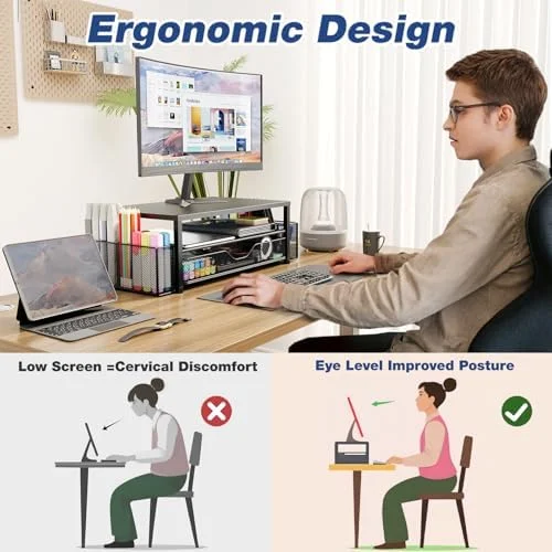 OPNICE Desk Organizer and Accessories, 2-Tier Computer Monitor Stand Riser with Drawer and 2 Pen Holders, Laptop Stand, Office Desk Accessories for