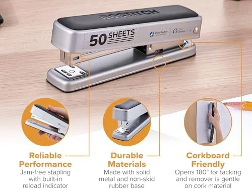 Bostitch Titan Heavy Duty Metal Stapler, 50 Sheet Capacity with 1250 Staples and Ergonomic Staple Remover, Jam Free Stapling, Full Strip Stapler for