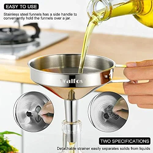 Stainless Steel Funnel, Walfos 3 Pack Kitchen Funnel with 2 Removable Strainer ＆ 1Pcs Cleaning Brush, Perfect for Transferring of Liquid, Oils, Jam