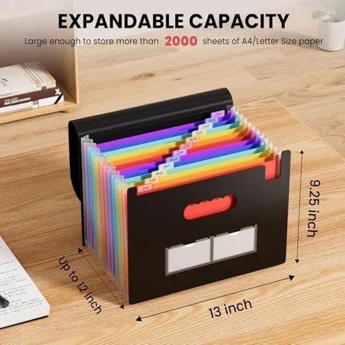Sooez Accordion File Organizer, 13 Pockets Expanding File Folder, Portable Monthly Paper Bill Tax Receipt Organizer, Letter A4 Size Document Holder