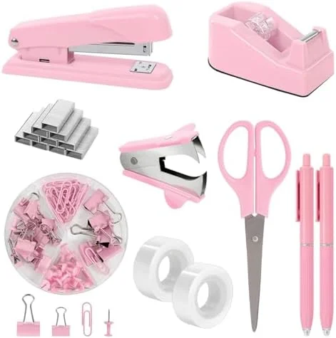 SKYDUE Pink Office Desk Accessories - Pink Office Supplies, Stapler, Tape Dispenser, Scissors, Clips and 1000pcs Staples, Office Supplies for Desk for