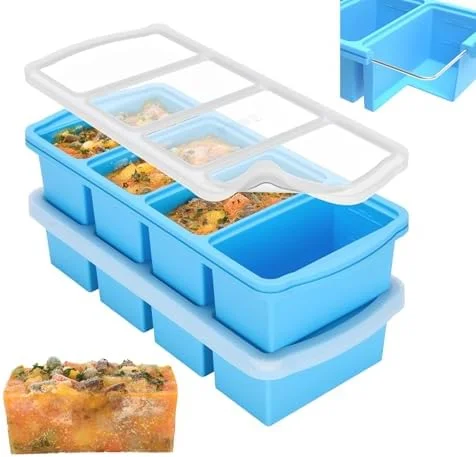 ZIP STANDING Silicone Freezer Trays with Lid - 1-cup Soup Freezer Container large Ice Cube Molds with Reinforced Steel Ring Top for freezing Soup