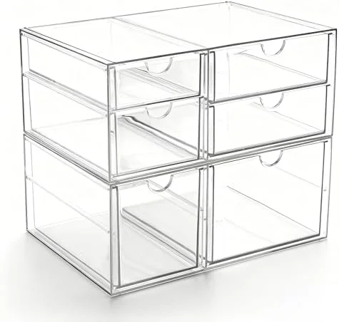 Prsildan Acrylic Drawer Makeup Organizer with 6 Drawers (Not for Baby Bottle), Set of 2 Office Desk Organizers Accessories, Clear Stackable Storage