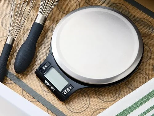 Amazon Basics Digital Kitchen Scale with LCD Display - Tare Function, Multiple Units, Weighs up to 11 Pounds, Batteries Included, Black and Stainless