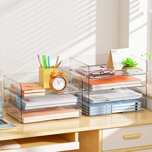 YKLSLH 4 Trays Paper Organizer Letter Tray - Acrylic Desk File Organizer, Stackable Clear Paper Holder Sorter Office Organizer for Letter/A4, Office