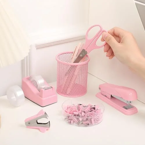 SKYDUE Pink Office Desk Accessories - Pink Office Supplies, Stapler, Tape Dispenser, Scissors, Clips and 1000pcs Staples, Office Supplies for Desk for