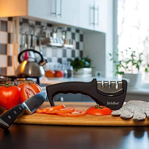4-in-1 Kitchen Knife Accessories: 3-Stage Knife Sharpener Helps Repair - Restore, Polish Blades and Cut-Resistant Glove (Black)