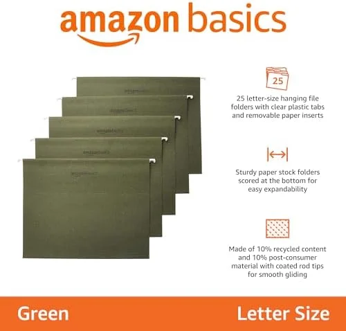 Amazon Basics Hanging File Folders with Adjustable Tabs - Sturdy Expandable Document Organizer, Letter Size 8.5x11 inch, Green, 25-Pack