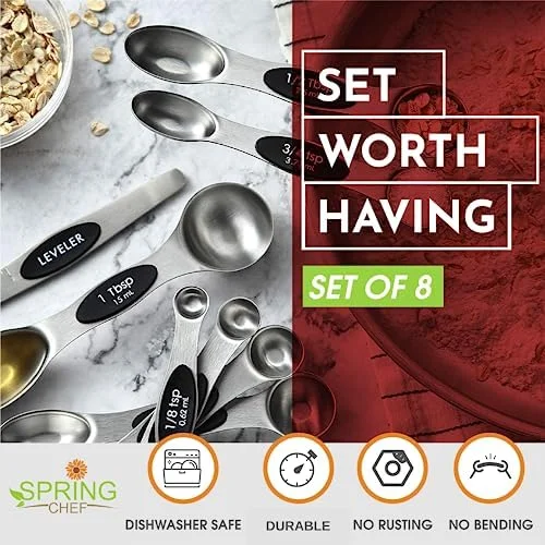 Spring Chef Stainless Steel Magnetic Measuring Spoons Set with Strong N45 Magnets, Heavy Duty Metal Kitchen Gadgets for Baking & Cooking, Fits in