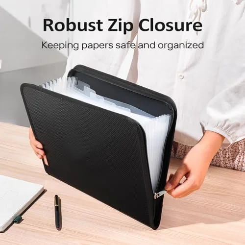 Sooez 13 Pocket Accordion File Organizer - Zipper Expanding File Folder Organizer, Reinforced Plastic Accordion Folder, A4 Letter Size, Portable