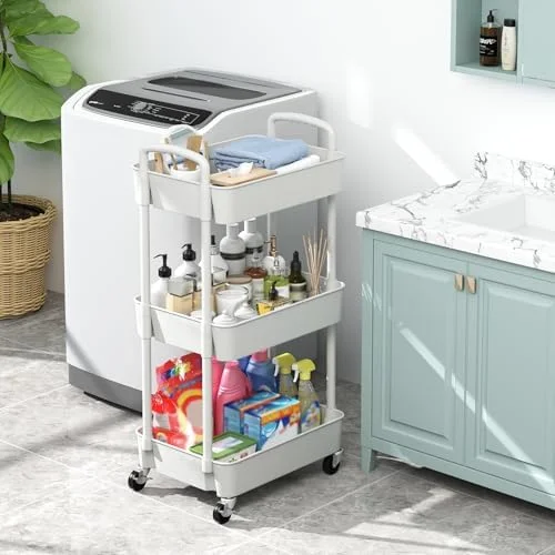 Sywhitta 3-Tier Plastic Rolling Utility Cart with Handle, Multi-Functional Storage Trolley for Office, Living Room, Kitchen, Movable Storage
