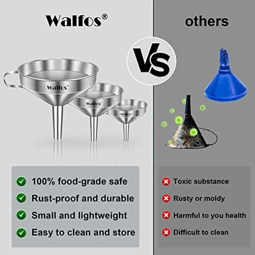 Stainless Steel Funnel, Walfos 3 Pack Kitchen Funnel with 2 Removable Strainer ＆ 1Pcs Cleaning Brush, Perfect for Transferring of Liquid, Oils, Jam