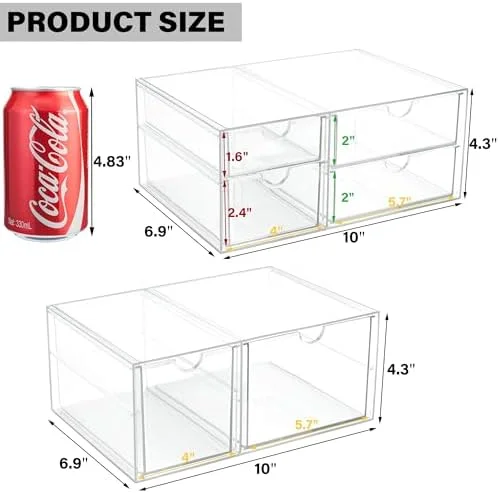 Prsildan Acrylic Drawer Makeup Organizer with 6 Drawers (Not for Baby Bottle), Set of 2 Office Desk Organizers Accessories, Clear Stackable Storage