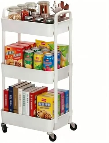 Sywhitta 3-Tier Plastic Rolling Utility Cart with Handle, Multi-Functional Storage Trolley for Office, Living Room, Kitchen, Movable Storage