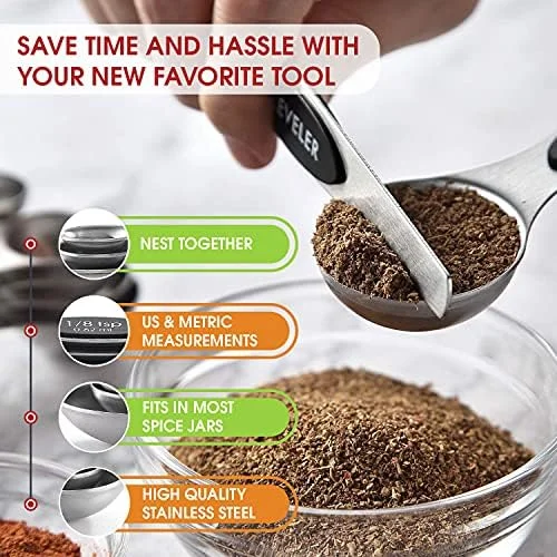 Spring Chef Stainless Steel Magnetic Measuring Spoons Set with Strong N45 Magnets, Heavy Duty Metal Kitchen Gadgets for Baking & Cooking, Fits in