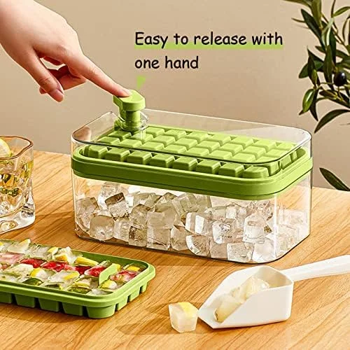 Ice Cube Tray with Lid and Bin, 2 Pack Ice Cube Trays for Freezer, 64 Pcs Ice Cube Mold, Press Button Easy Release Ice Tray, Small Ice Cubes Maker