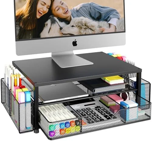 OPNICE Desk Organizer and Accessories, 2-Tier Computer Monitor Stand Riser with Drawer and 2 Pen Holders, Laptop Stand, Office Desk Accessories for