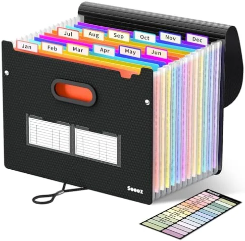 Sooez Upgraded Accordion File Organizer - Expanding File Folder with Deeper 12 Pockets - Never Cover Up Index Tabs, Monthly Bill Paper Receipt