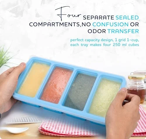ZIP STANDING Silicone Freezer Trays with Lid - 1-cup Soup Freezer Container large Ice Cube Molds with Reinforced Steel Ring Top for freezing Soup