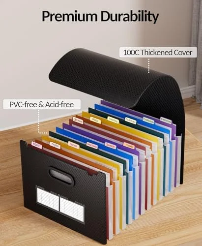 Sooez Upgraded Accordion File Organizer - Expanding File Folder with Deeper 12 Pockets - Never Cover Up Index Tabs, Monthly Bill Paper Receipt