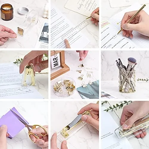 EOOUT Gold Office Supplies Set Desk Accessories - Acrylic Stapler Set Staple Remover, Phone Holder, Tape Holder, Pen Holder, 2 Ballpoint Pen, Scissor