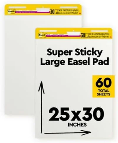 Post-it Super Sticky Easel Pad, 25 x 30 Inches, 30 Sheets Per Pad, 4 Pads, Large, White, Premium Self Stick Flip Chart Paper, Anchor Chart, Office