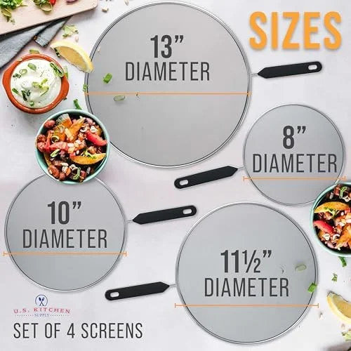 U.S. Kitchen Supply 4-Piece Stainless Steel Splatter Guard Set (13", 11.5", 10", 8”) Fine Mesh Cover, Grease & Oil, Splatter Screen for Frying Pan