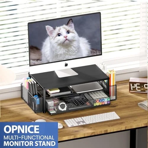 OPNICE Desk Organizer and Accessories, 2-Tier Computer Monitor Stand Riser with Drawer and 2 Pen Holders, Laptop Stand, Office Desk Accessories for