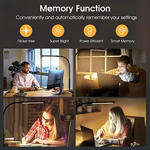 Voncerus LED Desk Lamp with Clamp - Eye-Caring Clip on Lights for Home Office, 3 Modes 10 Brightness, Long Flexible Goose-Neck, Metal, Swing Arm