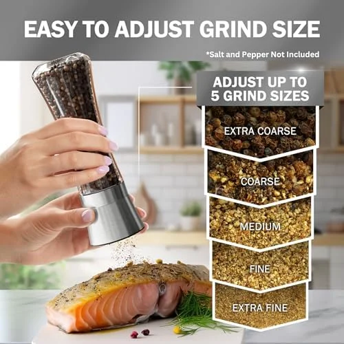 Home EC Premium Stainless Steel Sea Salt and Pepper Grinder Set of 2 - Adjustable Ceramic - Tall Glass Salt and Pepper Shakers - Kitchen Spice Mill