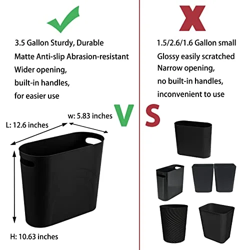 rejomiik Small Trash Can - 3.5 Gallon Slim Garbage Can Plastic Waste Basket with Handles Container Bin for Narrow Spaces Bathroom, Bedroom, Kitchen