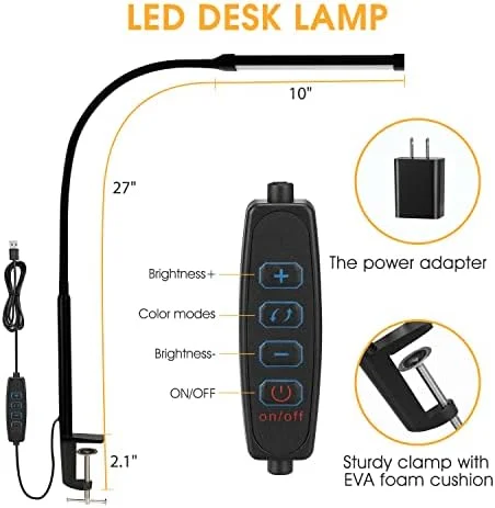 Voncerus LED Desk Lamp with Clamp - Eye-Caring Clip on Lights for Home Office, 3 Modes 10 Brightness, Long Flexible Goose-Neck, Metal, Swing Arm