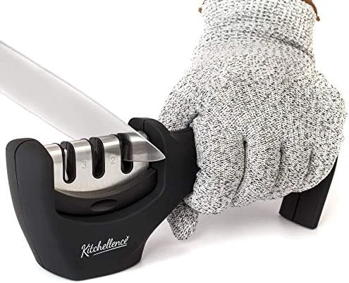 4-in-1 Kitchen Knife Accessories: 3-Stage Knife Sharpener Helps Repair - Restore, Polish Blades and Cut-Resistant Glove (Black)