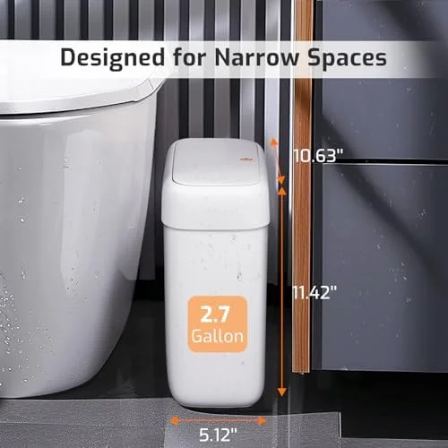 MOPALL Small Bathroom Trash Can with Lid, 2.6 Gallons, 10 L Slim Plastic Garbage Bin with Pop-Up Lid, Mini Waste Basket Can Dog Proof for Kitchen