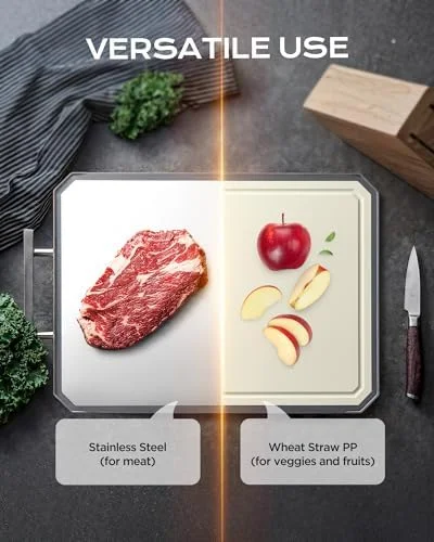 SNOWCLAD Stainless Steel Cutting Board, Double Sided Steel Bread Boards for kitchen, Stainless Steel/Wheat straw pp Large Board for meat, non toxic