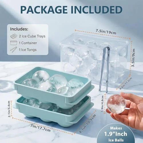 WIBIMEN Large Ice Cube Molds, Big Round Whiskey Ice Cube Trays for Freezer, Easy to Fill & Release, Whiskey Bourbon Cocktail(1.9In*6 Balls- Blue/2