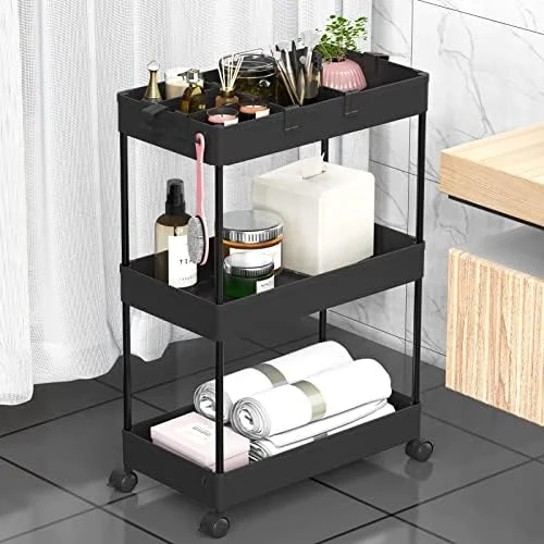 SPACELEAD 3 Tier Rolling Cart with Wheels, Storage Craft Art Trolley Organizer Serving, 3 Hanging Baskets Easy Assembly, for Office, Bathroom，Living
