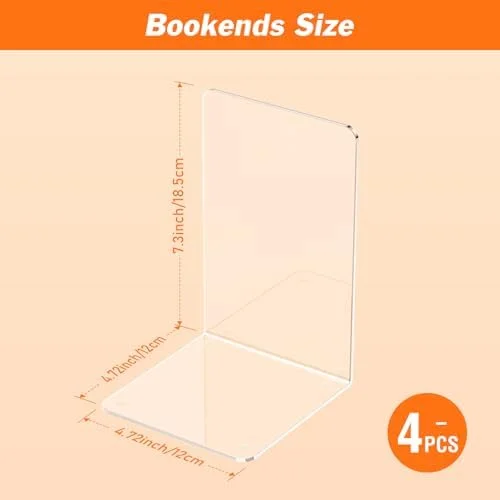 Acrylic Bookends 4 Pcs - Clear Book Ends for Shelves, Transparent Bookend Organizer, Book Holder Stand Decorative, Book Stoppers for Heavy Duty Books