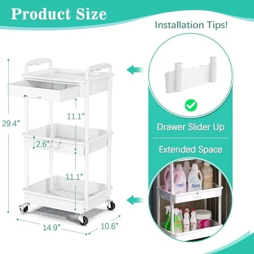 SUNALLY 3 Tier Rolling Cart with Drawer, Bathroom Storage Organizer with 2 Lockable Wheels, Multifunctional Rolling Storage Cart for Bathroom