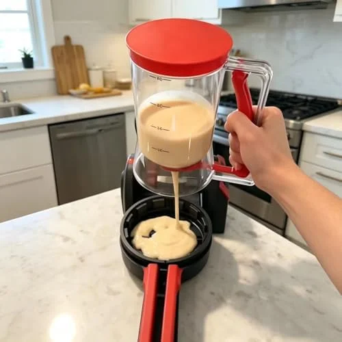 BBSTARZ Pancake Batter Dispenser – 4-Cup Batter Dispenser with Squeeze Handle & Measuring Marks for Pancakes - Waffles, Muffins, Crepes & Cupcakes –