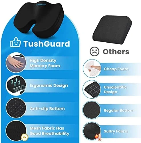 TushGuard Seat Cushion for Office Chair Memory Foam Non-Slip Cushion Back - Relief Chair Pad, Butt Pillow for Office Chair, Car, Computer Desk, Black