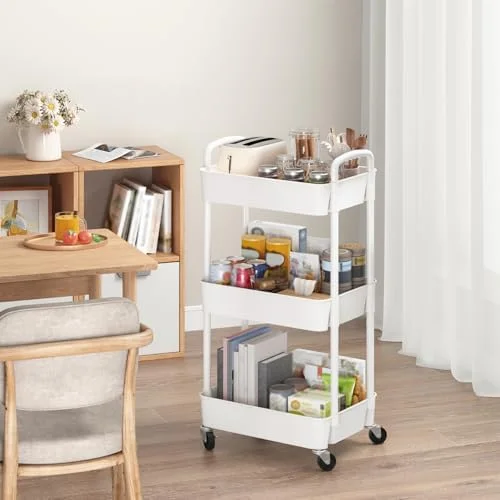 Sywhitta 3-Tier Plastic Rolling Utility Cart with Handle, Multi-Functional Storage Trolley for Office, Living Room, Kitchen, Movable Storage