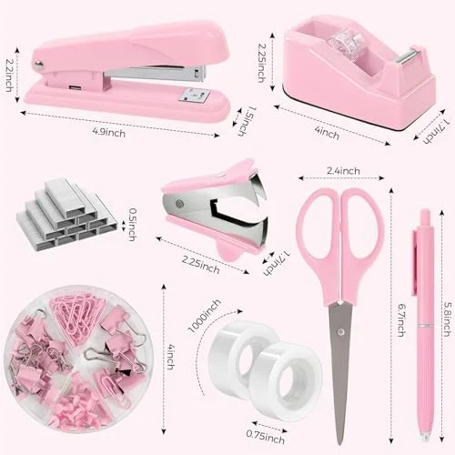 SKYDUE Pink Office Desk Accessories - Pink Office Supplies, Stapler, Tape Dispenser, Scissors, Clips and 1000pcs Staples, Office Supplies for Desk for